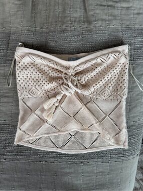 Lizard Thicket Cream Crochet Strapless Tube Top with Tassel Tie